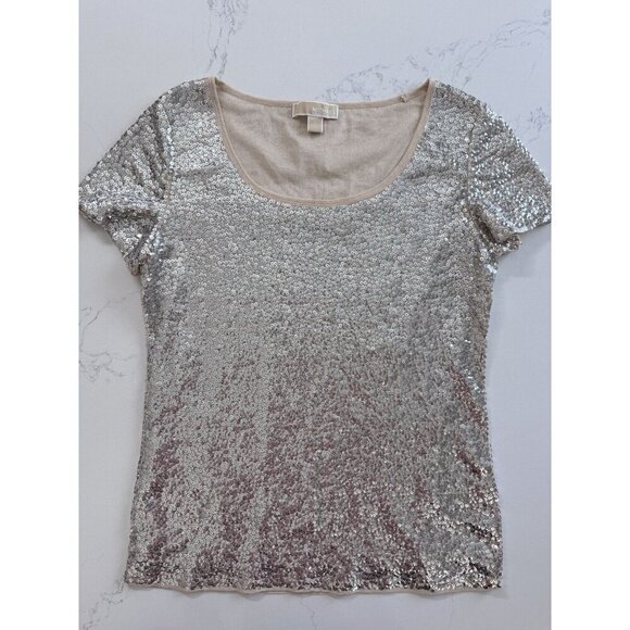 Michael Kors Sequin Top Women’s Large Short Sleeve Gold Silver Sparkle - Picture 1 of 16